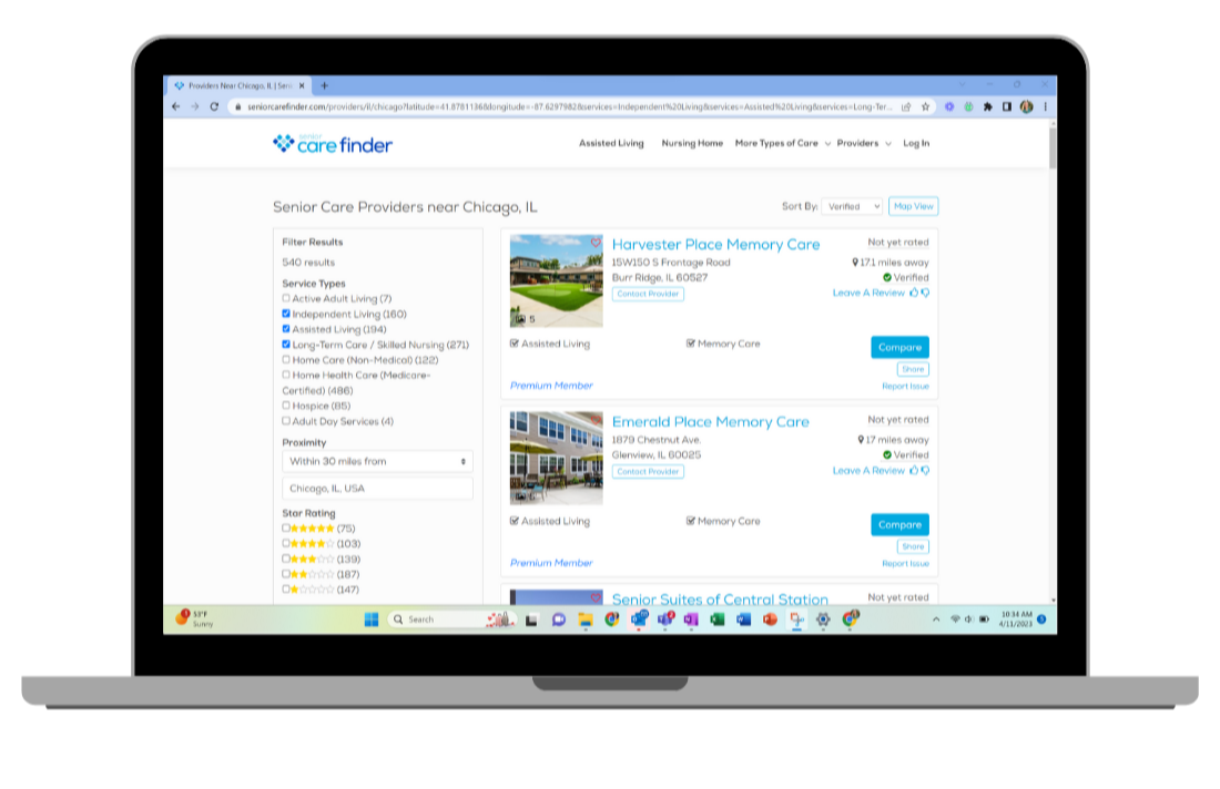 Laptop showing SeniorCarefinder listings