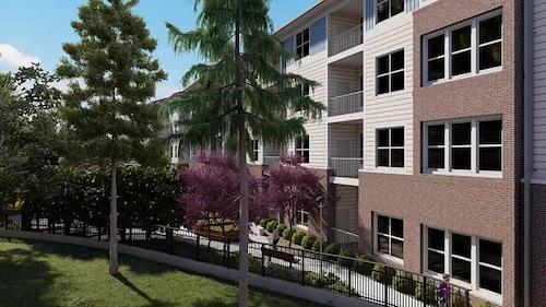 Acclaim at Cary Pointe, senior living community offering active adult and independent living in Cary, NC, back exterior and walkiing path