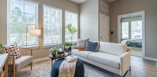 Acclaim at Cary Pointe, senior living community offering active adult and independent living in Cary, NC, cozy apartment living room