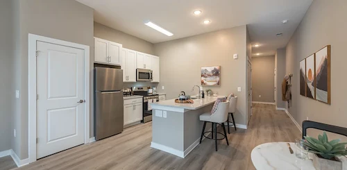 Acclaim at Cary Pointe, senior living community offering active adult and independent living in Cary, NC, apartment kitchen with stainless-steel appliances